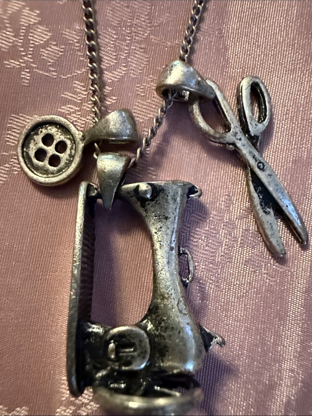 Sewing Machine & Scissors Charm Necklace in Aged Silver